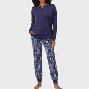 NEW Nautica 2Pc Womens M Sleepwear Set Silky Stretch Fleece Blue Snowflake Print